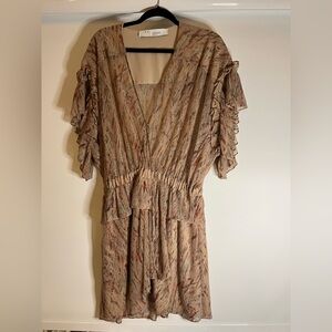 IRO Boux Metallic Print Ruffle V Neck Mini Dress